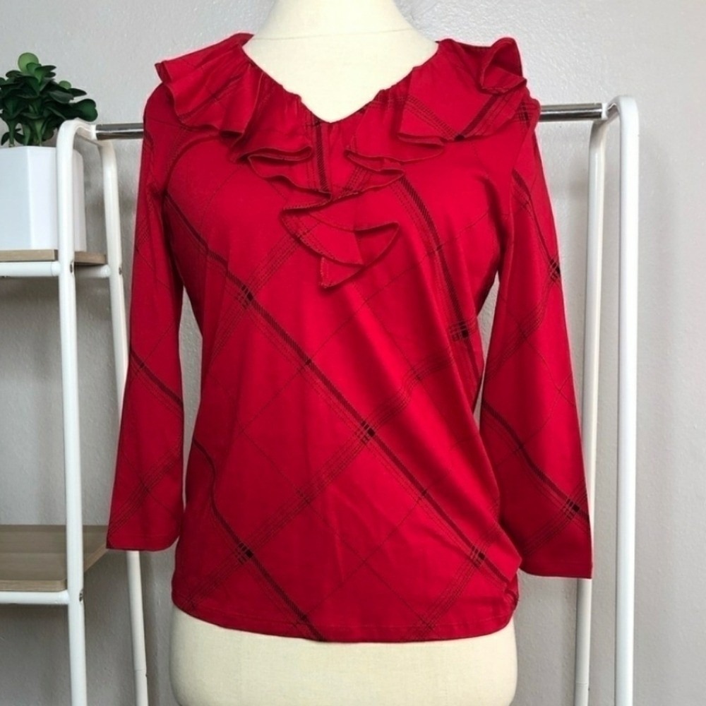 Lauren Ralph Lauren red plaid ruffled top blouse size M holidays Christmasโ
